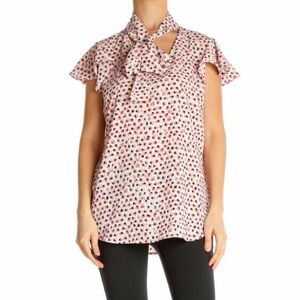 Adrianna Papell Pink Object Print Casual Shirt Women's Size M Tie Neck Blouse